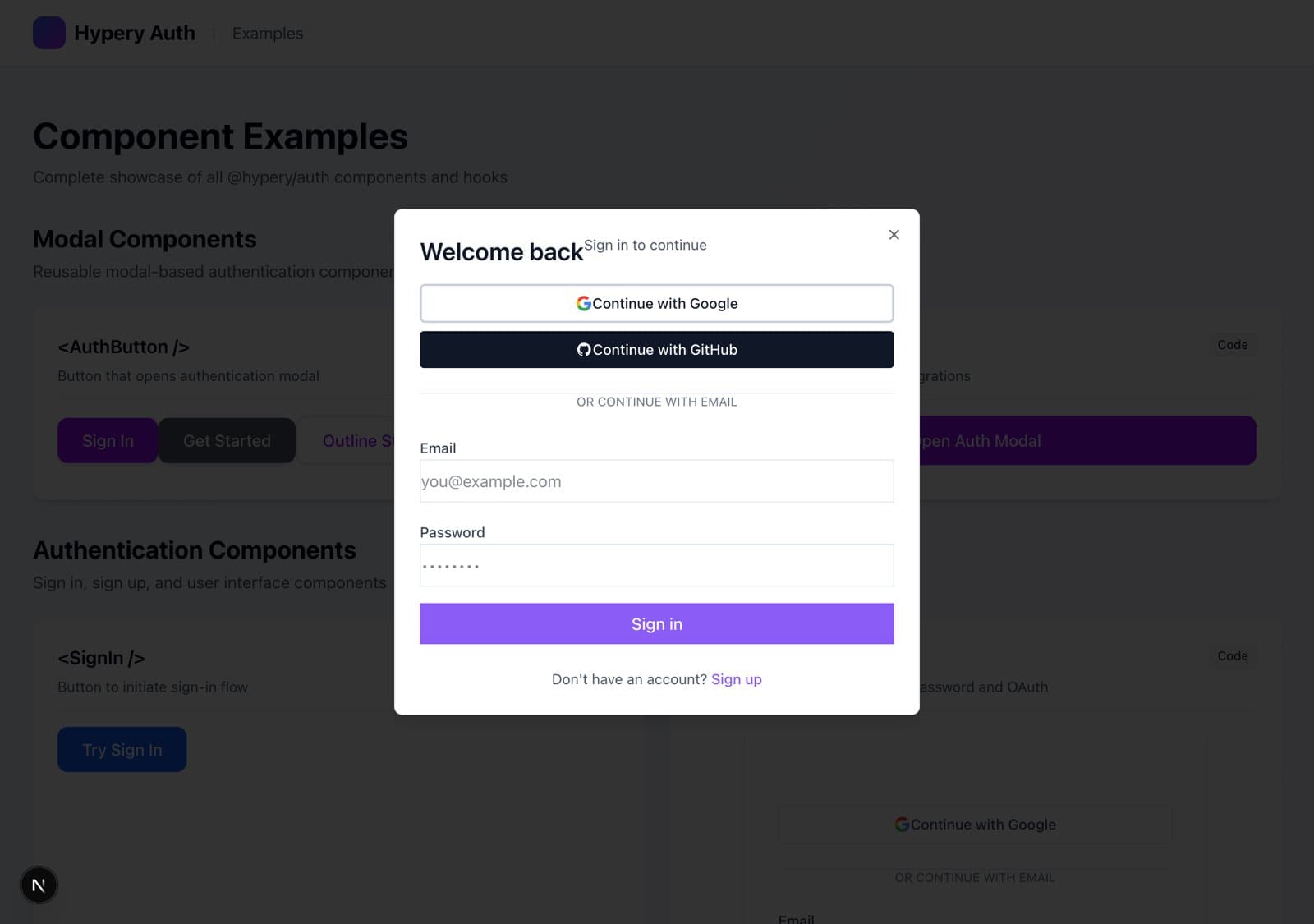 The Hypery SDK auth modal