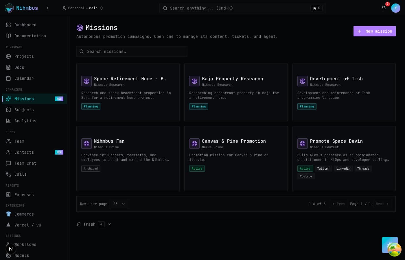 The Nihmbus missions dashboard