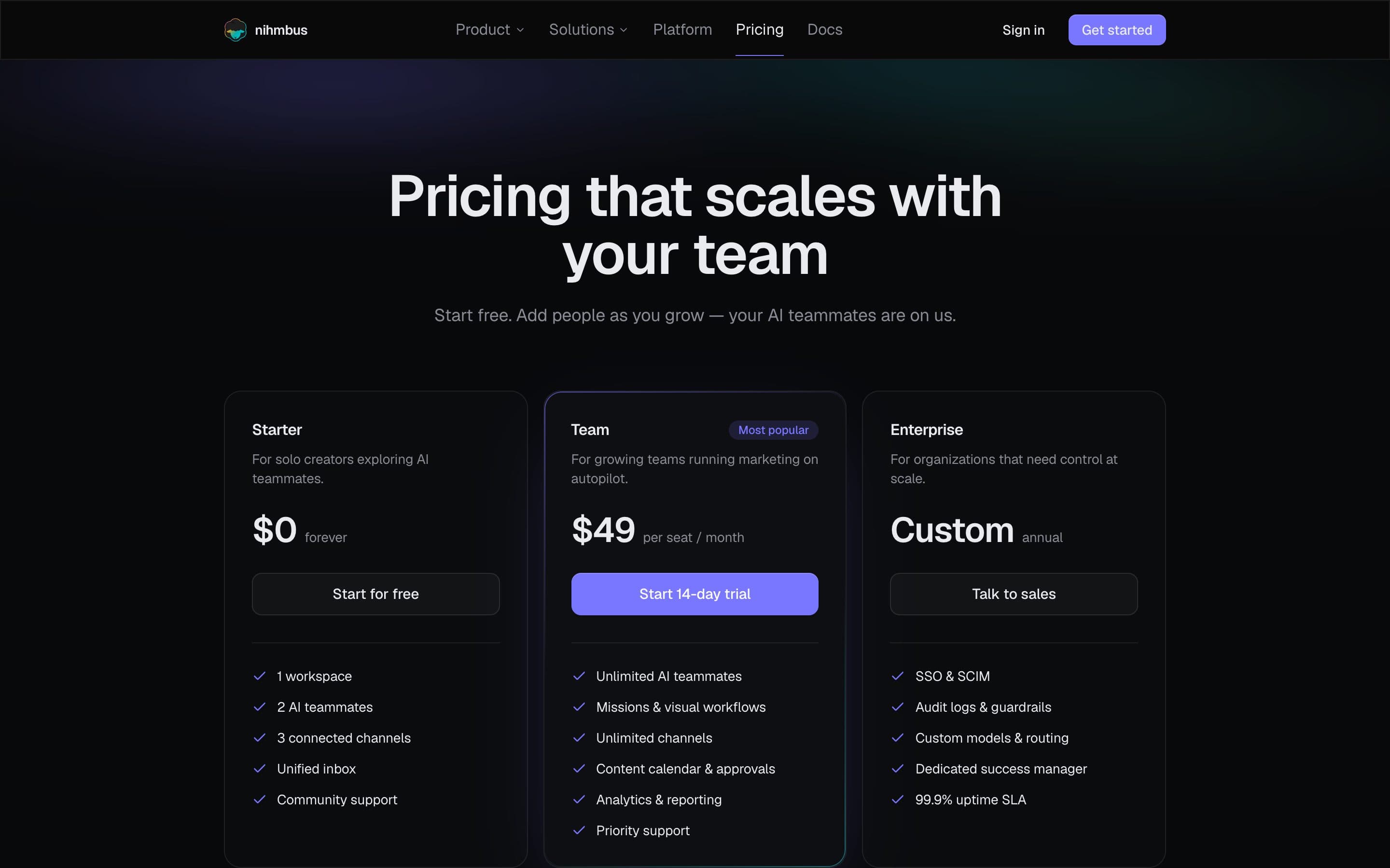 Nihmbus pricing page