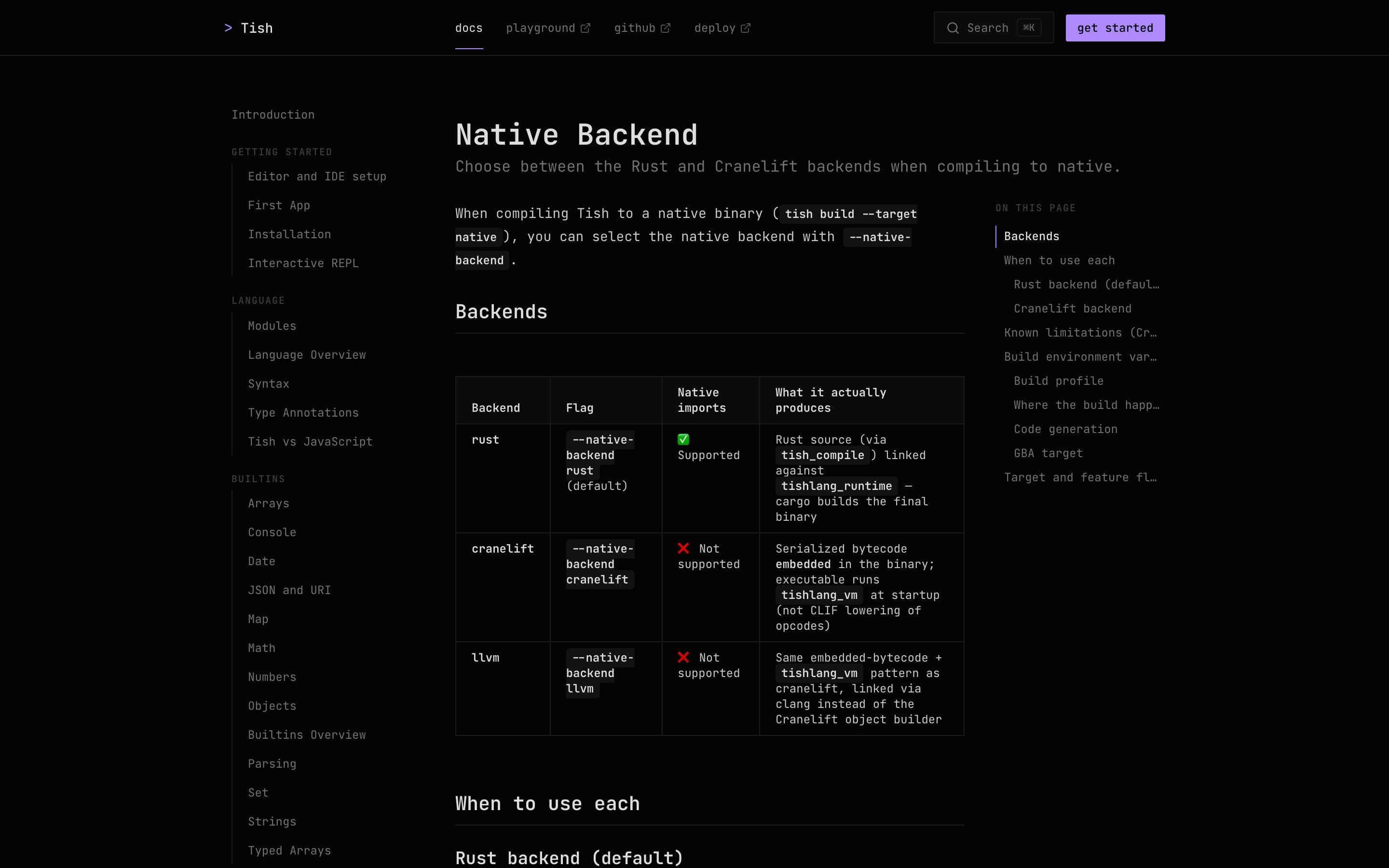 Tish native backend docs